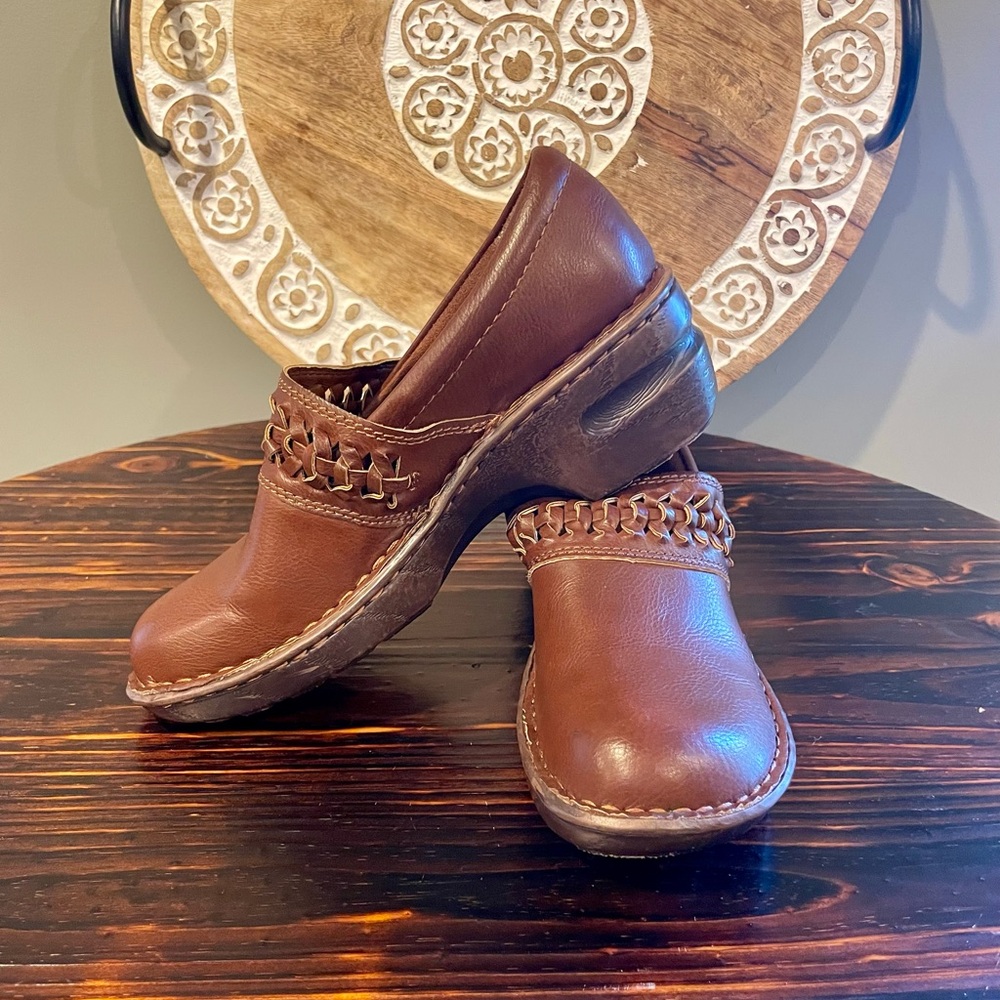 BOC Brown Leather Mules with Braided Detail - Like New!